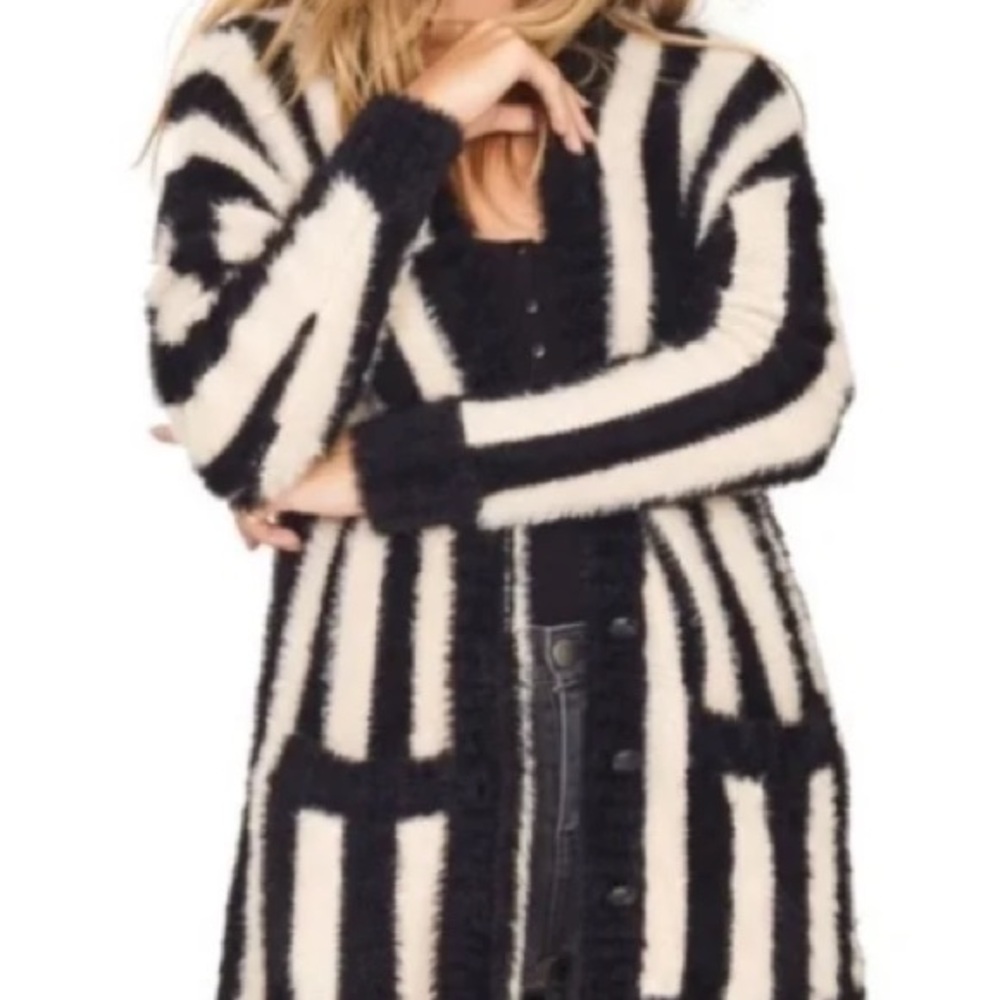 Amuse Society Keep Me Cozy Fuzzy Striped Grandpa Cardigan Sweater